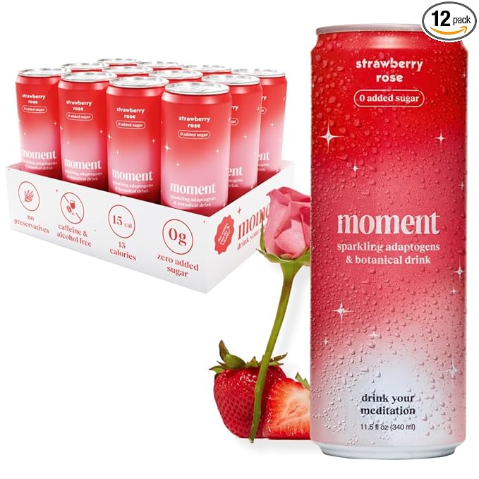 Moment Botanical Soda Soft Drink (Shark Tank) - SPARKLING Drinks | Strawberry Rose | L-Theanine & Ashwagandha for Calm & Clarity | 0 Added Sugar 0 Caffeine | 12-pack
