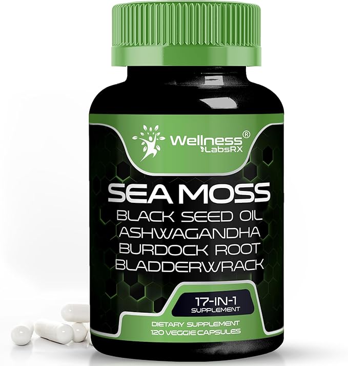 Irish Sea Moss Capsules, 17-in-1, Seamoss Black Seed Oil, 120 Count, Ashwagandha Burdock Root Organic Bladderwrack Capsules | Organic Sea Moss Advanced, Immune and Blood Pressure Support