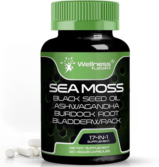 Irish Sea Moss Capsules, 17-in-1, Seamoss Black Seed Oil, 120 Count, Ashwagandha Burdock Root Organic Bladderwrack Capsules | Organic Sea Moss Advanced, Immune and Blood Pressure Support