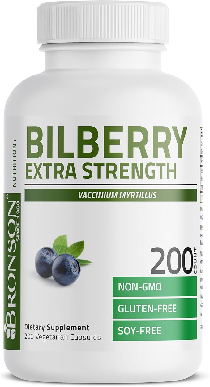 Bronson Bilberry Extra Strength Vaccinium Myrtillus, Promotes Eye Health and Supports Healthy Vision - Non GMO, 200 Vegetarian Capsules