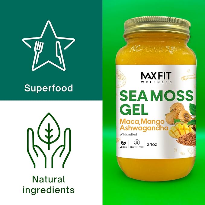 MAX FIT Sea Moss Gel Maca Ashwagandha 24oz Wildсrafted Gold Sea Moss Gel from Saint Lucia | 92 Vitamins and Minerals | Pure Raw+Non-GMO