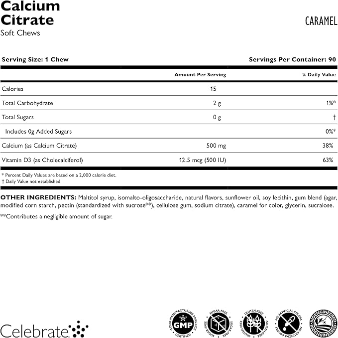 Celebrate Vitamins Bariatric 500mg Calcium Citrate Soft Chews with 500 IU Vitamin D3 – Essential for Gastric Bypass Patients & Bone Health - Sugar & Gluten Free, Caramel (90 Chews)