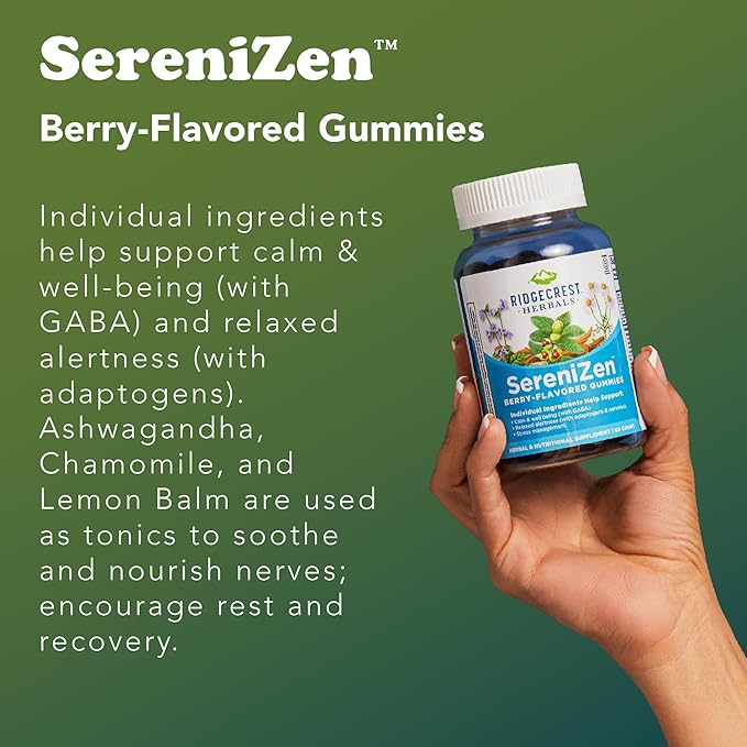 RidgeCrest Herbals SereniZen Gummies with Ashwagandha, GABA, L-Theanine, Chamomile & Lemon Balm, Supports Relaxation & Calm, Stress Management, Sleep. Daily Health Supplement, 60 Ct, 1-2 Month Supply