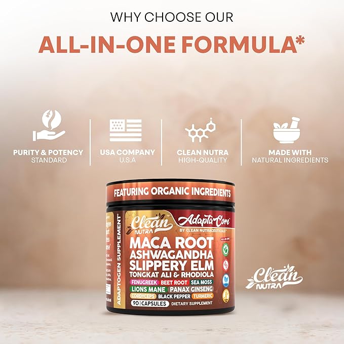 Clean Nutra AdaptaCore, Organic Maca Root Complex with Ashwagandha, Slippery Elm, Fenugreek, 90 Vegan Capsules