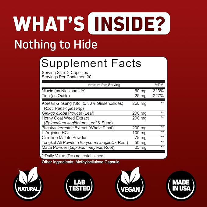 Herbtonics Testosterone Support Supplement for Men - Korean Panax Ginseng & Tribulus Terrestris - Supports Healthy Energy, Strength & Stamina - 60 Vegan Capsules