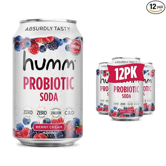 Humm Sparkling Probiotic Berry Cream Soda, Zero Sugar, Zero Calorie, 2 Billion Probiotics, Vitamin C, D, and B12, 12 fl oz (12 Pack)