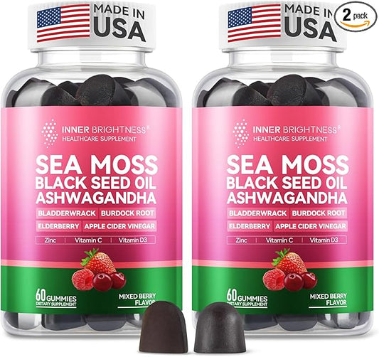 Irish Sea Moss Gummies with Ashwagandha, Elderberry, Apple Cider Vinegar, Bladderwrack, Burdock Root & Black Seed for Immune Support – Mixed Berry Flavor, 2 Pack
