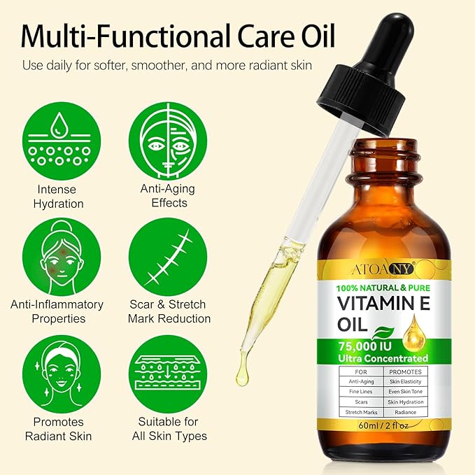 Vitamin E Oil for Skin, Scars and Face, Pure Vitamin E Oil 75,000 IU, Reduce Scars, Fine Lines, Moisturize and Radiant Skin for Whole Body, 2 Fl Oz