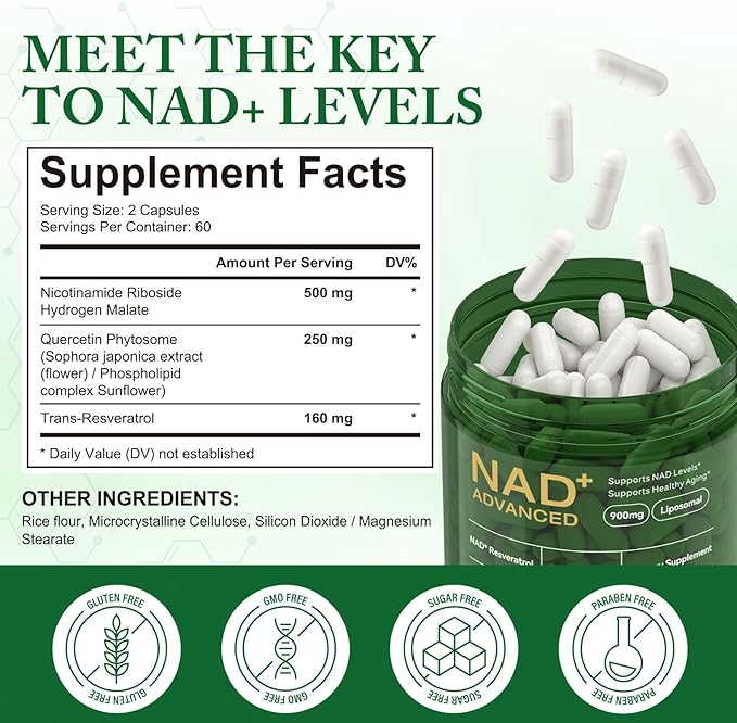 NAD-Supplement,NAD Nicotinamide Riboside,Extra Strength NAD Alternative Liposomal,Boost NAD & Resveratrol + for Women & Men,Energy Anti-Aging,Cell Regeneration,120 Capsules