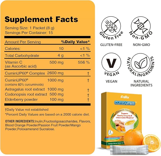 Turmeric Curcumin Drink Powder, Turmeric Shots with Vitamin C for Immunity, Orange Flavor Instant Drink Mix Packets, High Absorption Curcumin Complex, Immune & Recovery, Joint Support Supplement