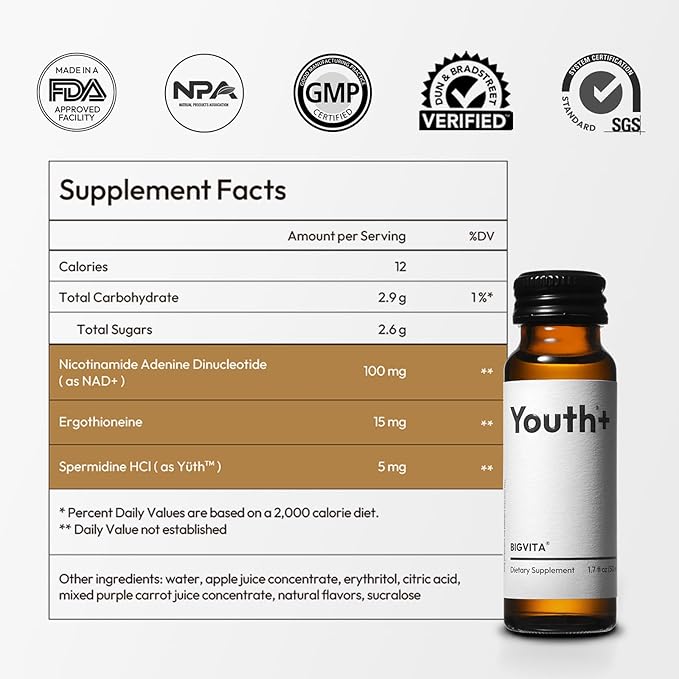 BIGVITA Youth+ | NAD+ Shots for Anti-Aging, Energy, Skin & Hair Health, Cognitive Support | Ready-to-Drink Supplement | Beauty from Within | Vegan, Made in USA