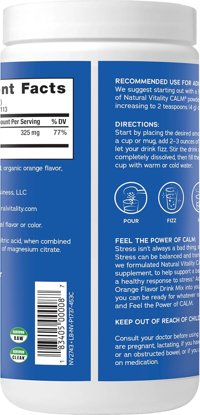Natural Vitality Calm, Magnesium Citrate Supplement, Anti-Stress Drink Mix Powder, Gluten Free, Vegan, & Non-GMO, Orange, 16 oz