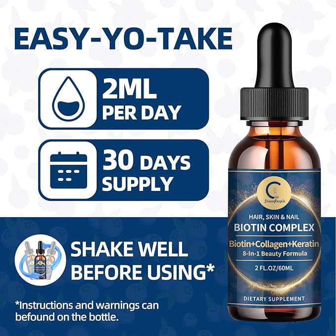 Liquid Biotin & Collagen Drops 20,000mcg--High Potency Hair Growth Vitamin Support - Biotin and Liquid Collagen Supplement for Women & Men - Glowing Skin Support, Healthy Hair & Nail Growth - 2 Fl Oz