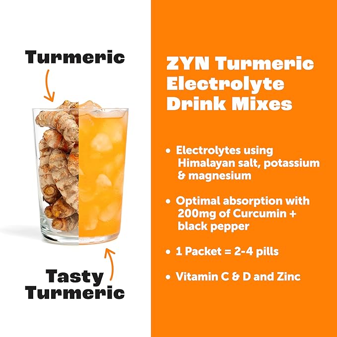 ZYN Electrolytes Powder Hydration Packets with Vitamins, Zinc & Turmeric - Low Sugar Electrolyte Drink Mix Packets with Piperine, Mango Pomegranate, 16 Pack
