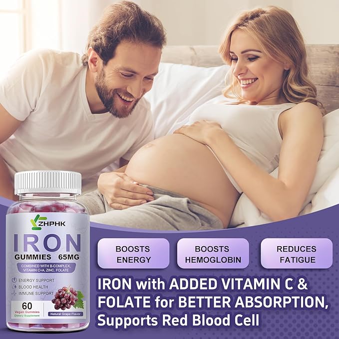 Vegan Iron Supplement 65mg, Iron Gummies for Women and Men with Vitamin C 250mg, Vitamin A, B-Complex, Biotin, Zinc & Folate, Folate for Energy Boost, Immune Health, 120 Count