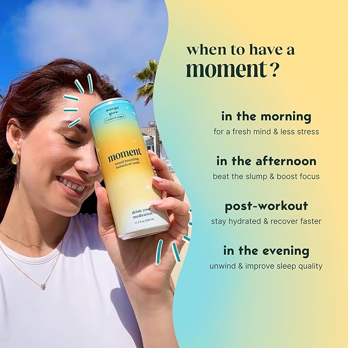 Moment Botanical Soda Soft Drink (Shark Tank) - SPARKLING Drinks | Mango Glow | L-Theanine & Ashwagandha for Calm & Clarity | 0 Added Sugar 0 Caffeine | 12-pack