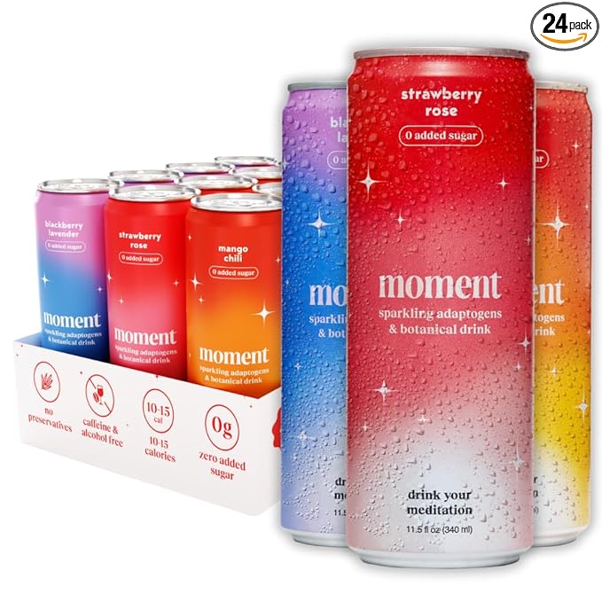 Moment Botanical Soda Soft Drink (Shark Tank) - SPARKLING Drinks | Fruity Fun | L-Theanine & Ashwagandha for Calm & Clarity | 0 Added Sugar 0 Caffeine | 24-pack