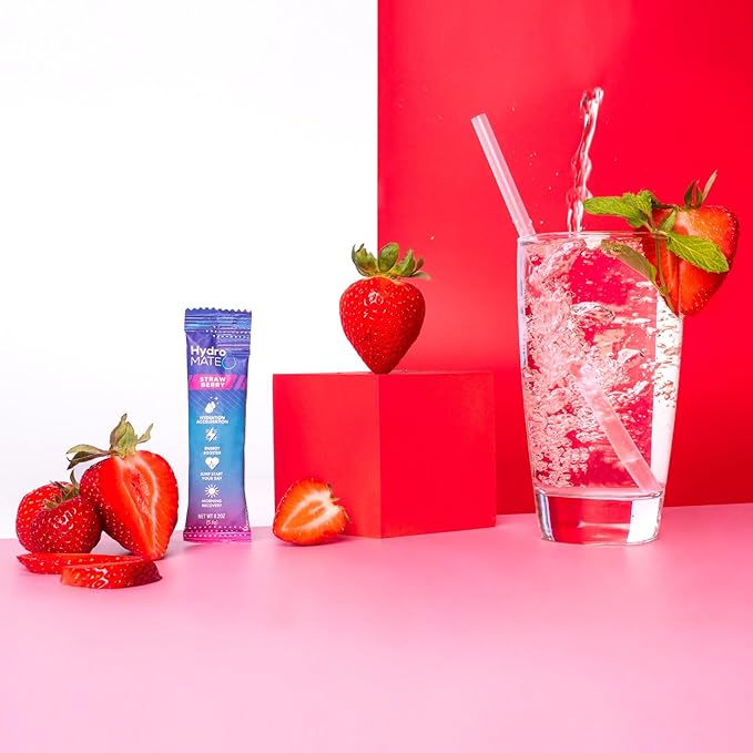 HydroMATE Electrolytes Powder Drink Mix Packets Hydration Accelerator Low Sugar Rapid Party Relief Recovery Vitamin C Plus Caffeine Strawberry 30 Count