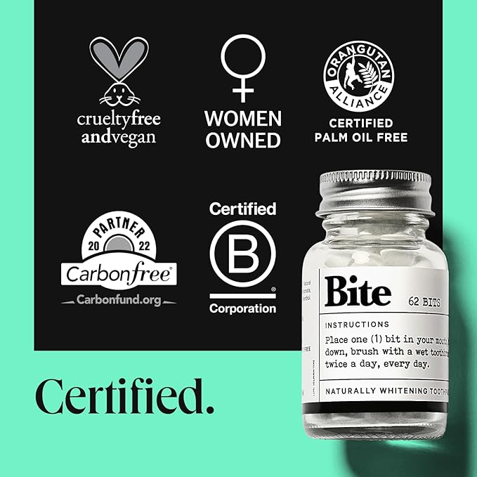 Bite Toothpaste Tablets, Xylitol & 5% Nano Hydroxyapatite Toothpaste Bits for Sensitive Teeth, Fluoride Free Tooth Whitening, Travel Size Dental Care for Adults & Kids, Made in USA, 124 Bits