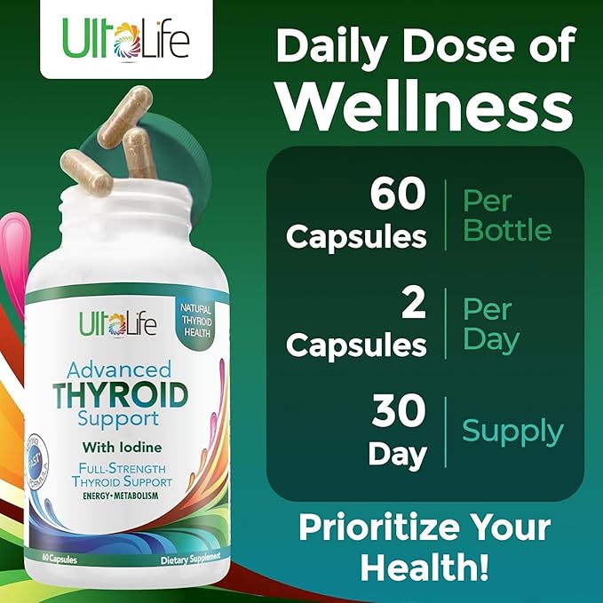 Daily Thyroid Boost Advanced Formula with Iodine Ashwagandha Vitamin B12 Zinc and Selenium for Energy Metabolism and Focus 60 Capsules