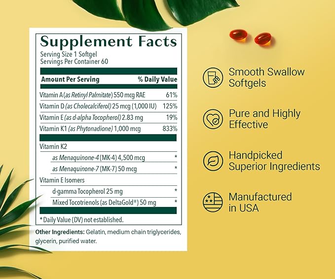 ALGAECAL 4-in-1 Vitamin D3 K2 Complete - ADK Vitamin Supplement, Enhanced Immune Support & Bone Health with D3 K2, A, & E - Whole Body Wellness & Bone Strength, 60 Easy-Swallow Softgels