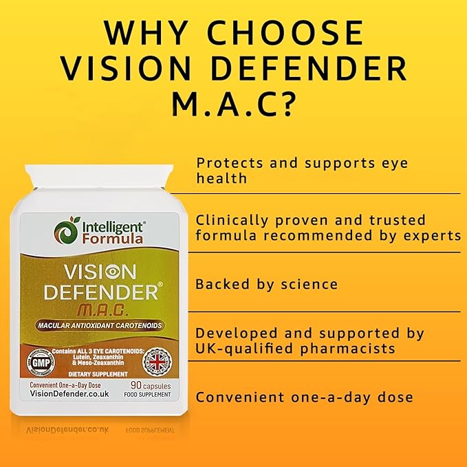 Vision Defender MAC Eye Supplement: Lutein, Zeaxanthin & Meso-Zeaxanthin Triple Antioxidant Carotenoids for Eye Health and Eyesight (90 Capsules/One Capsule Daily) Made in UK