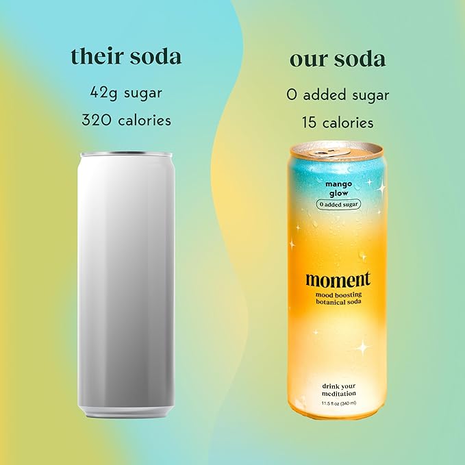 Moment Botanical Soda Soft Drink (Shark Tank) - SPARKLING Drinks | Mango Glow | L-Theanine & Ashwagandha for Calm & Clarity | 0 Added Sugar 0 Caffeine | 12-pack