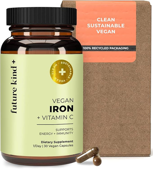 Future Kind Vegan Iron Supplement for Men & Women with Vitamin C for Energy, Focus and Immunity Support - 30-Day Supply, One Capsule a Day (30ct in Glass Bottle)