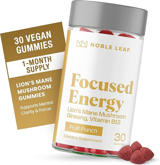 Lion's Mane Mushroom Gummies for Focus and Energy - Focus Gummies for Adults with American Ginseng & B12 for Clarity & Natural Energy, Gluten Free, Fruit Punch Flavor, 30 Count