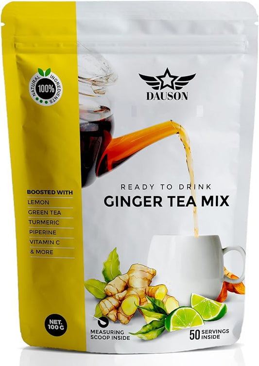 Ginger Lemon Herbal Tea Powder – Anti-Inflammatory Blend with Licorice, Turmeric, Decaf Green Tea, Vitamin C – Caffeine-Free, Vegan, Gut-Friendly Detox Tea – 100g Pack