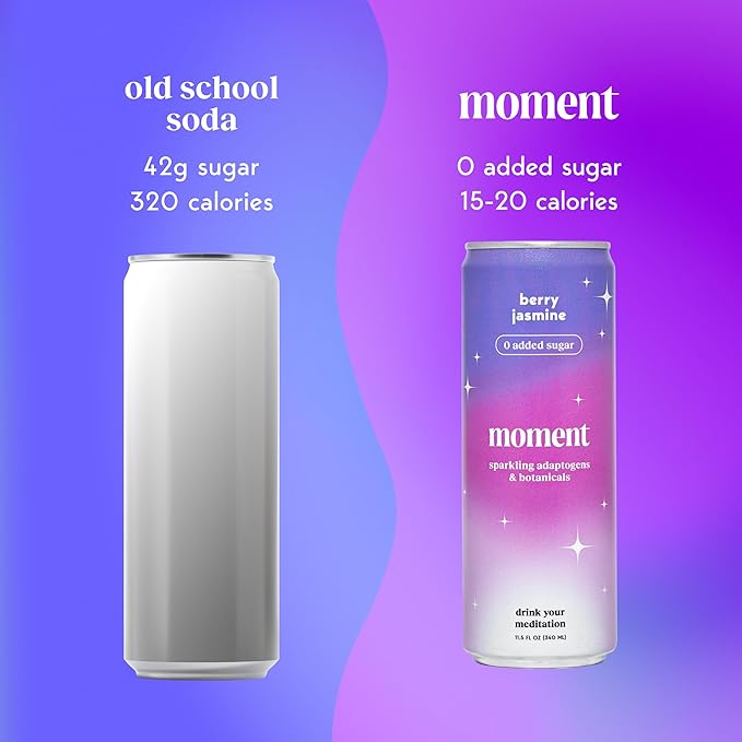 Moment Botanical Soda Soft Drink (Shark Tank) - SPARKLING Drinks | Berry Blast | L-Theanine & Ashwagandha for Calm & Clarity | 0 Added Sugar 0 Caffeine | 12-pack