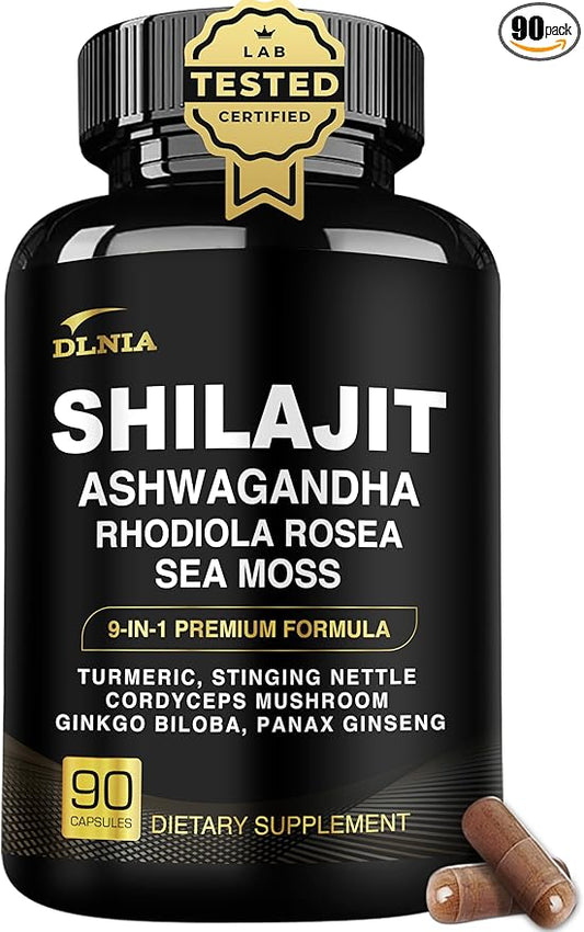 Shilajit 9-in-1 Capsules – Organic Himalayan Complex with Ashwagandha, Sea Moss, Turmeric & More – Vegan, Lab-Tested, Immune & Energy Support for Men & Women – 90 Capsules
