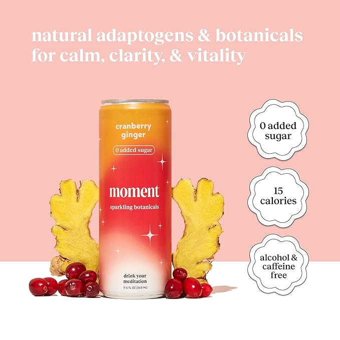 Moment Botanical Soda Soft Drink (Shark Tank) - SPARKLING Non Alcoholic Drinks | Cranberry Ginger | L-Theanine & Ashwagandha for Calm & Clarity | 0 Added Sugar 0 Caffeine | 12-pack