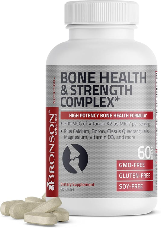 Bronson Bone Health & Strength Complex* High Potency Formula 200 MCG of Vitamin K2 as MK7, Plus Calcium, Boron, Cissus Quadrangularis, Magnesium, Vitamin D3, and More - Non-GMO, 60 Tablets