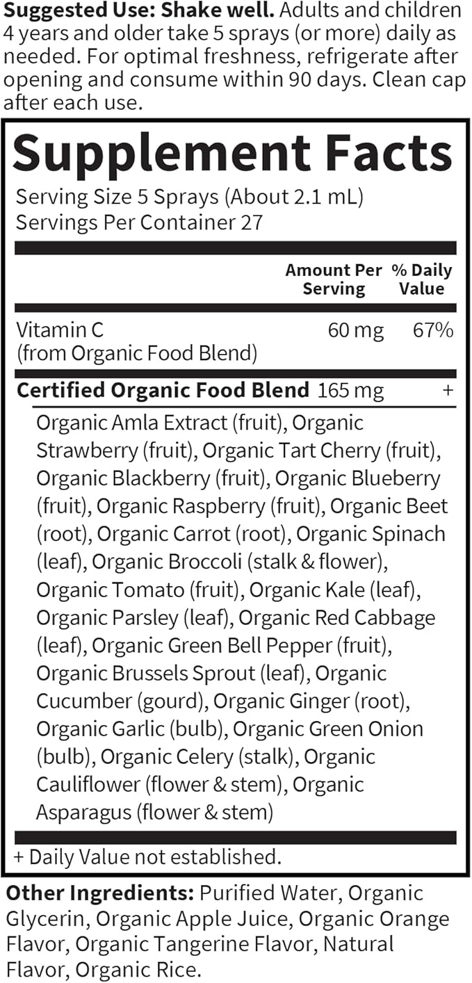 Garden of Life Organics Vitamin C Spray for Kids and Adults - Orange Tangerine, Vitamin C Supplement, Antioxidant for Immune Support and Skin Health, 2 fl oz Liquid Drops