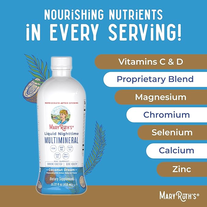 MaryRuth Organics Liquid Nighttime Multimineral | No Melatonin | Bedtime Routine | Magnesium Citrate | Calcium | Zinc | Vitamin D3| Available in 4 Flavor - Vegan | Sugar Free | Gluten Free | 15.22 Oz