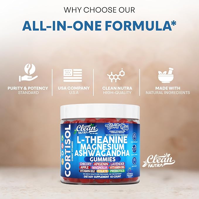 Clean Nutra L-Theanine Magnesium Ashwagandha Cortisol Gummies Apigenin Vitamin B6 Sleep Aid Calm Stress Relief Support Cortisol Management Supplement Lavender Chicory Prebiotic Advanced Gummy Formula