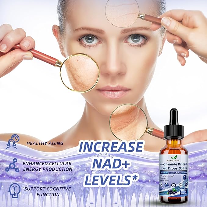 NAD Supplements for Women & Men, NAD Nicotinamide Riboside Resveratrol 900mg & Quercetin, Niacin, Collagen, Biotin, Liquid NAD Plus Supplement NR900 For Anti-Aging Skin Energy Longevity Focus Brain