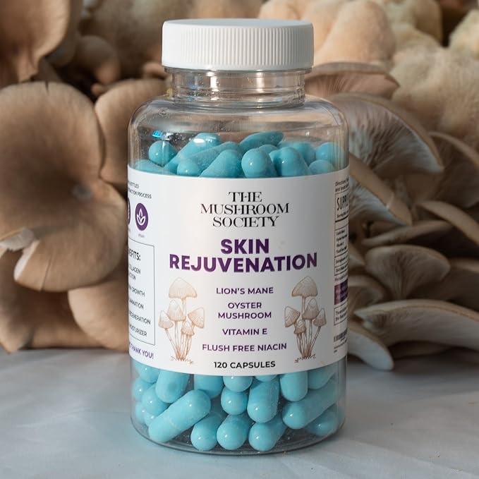 Skin Rejuvenation Supplement - Inner Skin Glow & Cellular Repair Formula – Lion’s Mane, Oyster, Vitamin E, Niacin + Beta-Glucans – Antioxidant + Beauty Blend - 120 Vegan Capsules
