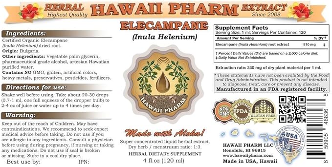 Elecampane Liquid Extract, Organic Elecampane (Inula Helenium) Tincture Supplement 4 oz