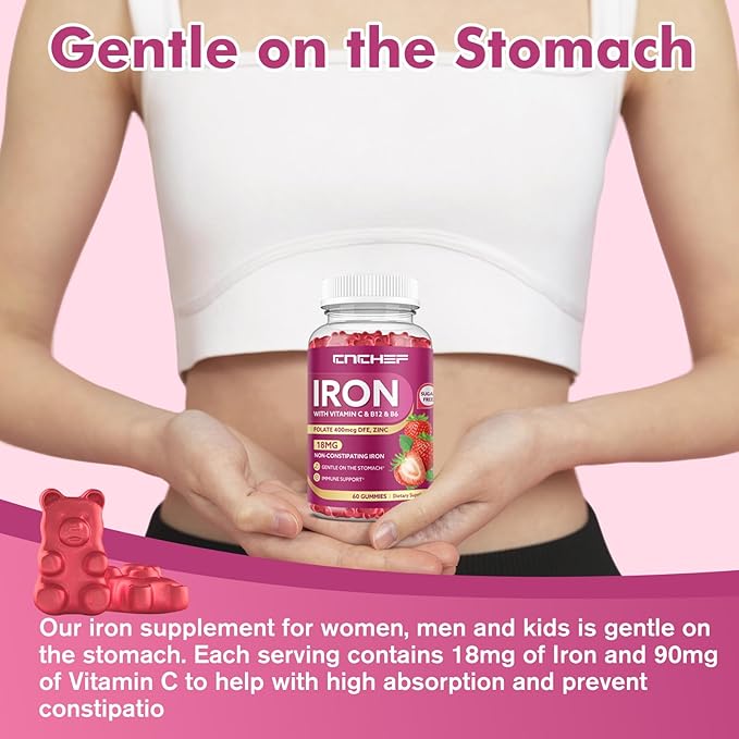2 Pack Iron Gummies with Multivitamin, Iron Supplement for Women & Men with Folate, Zinc & Vitamin C, B12, B6 for Adults & Kids - Blood Builder & Energy Support for Iron Deficiency - 120 Gummies
