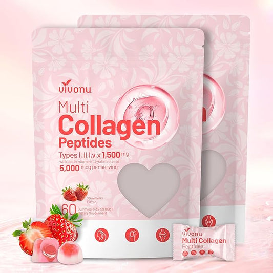 Multi Collagen Peptides Gummies for Women & Men Sugar-Free, Multi Collagen Hydrolyzed Protein Type I,II,III,V,X, Biotin, Methylated B12, Vitamin C A E D3 B6 for Skin Hair Nails, Bone