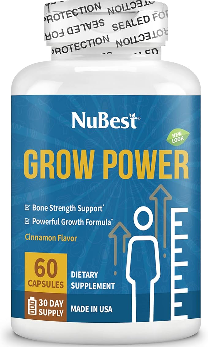 NuBest Grow Power - Bone Strength Supplement with Calcium, Magnesium, Vitamin D3, Zinc for Age 10+ - Helps Bone Health, Brain Growth, Immunity - Free of Growth Hormone - 60 Capsules