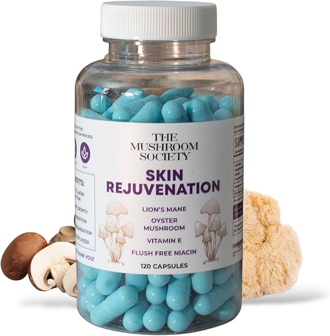 Skin Rejuvenation Supplement - Inner Skin Glow & Cellular Repair Formula – Lion’s Mane, Oyster, Vitamin E, Niacin + Beta-Glucans – Antioxidant + Beauty Blend - 120 Vegan Capsules