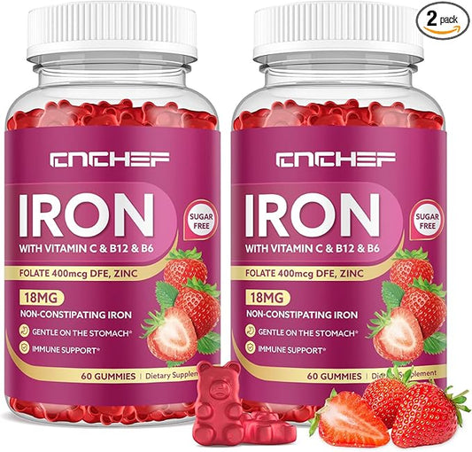 2 Pack Iron Gummies with Multivitamin, Iron Supplement for Women & Men with Folate, Zinc & Vitamin C, B12, B6 for Adults & Kids - Blood Builder & Energy Support for Iron Deficiency - 120 Gummies