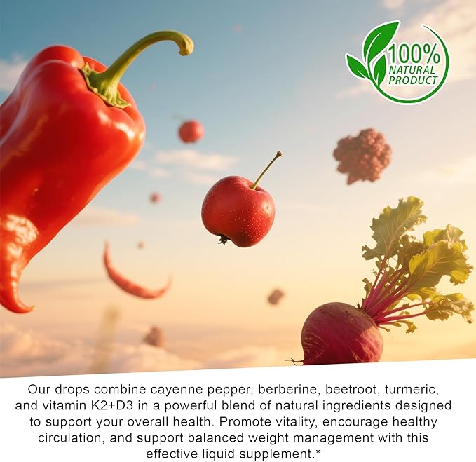 Cayenne Pepper Drops,Cayenne Pepper Supplement Liquid Drops,Hawthorn Beet Root Powder,Vitamin K2&D3,Ceylon Cinnamon,Organic Panax Ginseng,Cayenne Health Supplements 2 Fl Oz