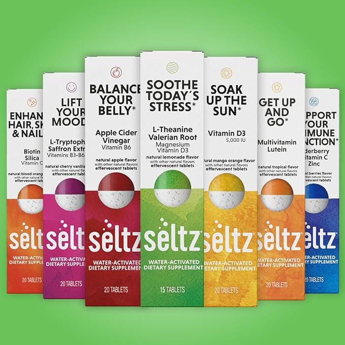 Seltz Lift Your Mood and Soothe Today's Stress Vitamin Effervescent Drinks with L-Theaninine, L-Tryptophan, Saffron, Vitamin D3 and More!