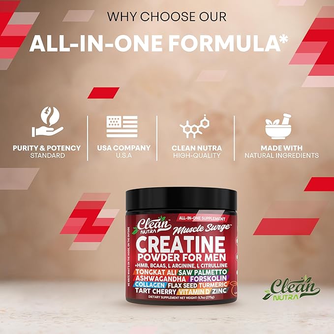 Clean Nutra Creatine Power for Men + HMB BCAA L Arginine L Citrulline Tongkat Ali Saw Palmetto Ashwagandha Collagen Flax Seed Turmeric Preworkout Stevia Nitric Oxide L Glutamine Amino Acids
