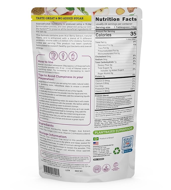 Essenzefruits Acai Kombucha Powder Tea Mix Beverage – Sugar Free, Fermented & Dried - Just Add Water! Probiotics & Prebiotics, Vitamin C - Makes up to 30 Cups (8 Oz, 226g)