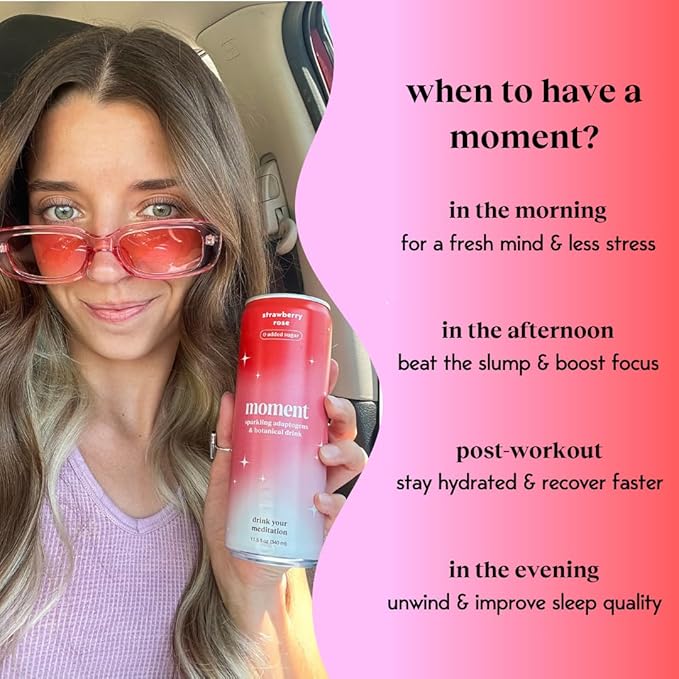 Moment Botanical Soda Soft Drink (Shark Tank) - SPARKLING Drinks | Strawberry Rose | L-Theanine & Ashwagandha for Calm & Clarity | 0 Added Sugar 0 Caffeine | 12-pack